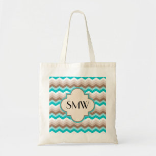 Teal Blue Brown Chevron Modern Monogram Tote Bag