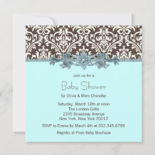 Teal Blue Brown Damask Baby Shower Invitation