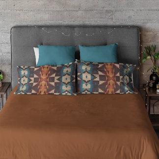 Teal Blue Brown Dark Red Rust Orange Tribal Art Pillowcase
