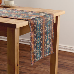 Teal Blue Brown Dark Red Rust Orange Tribal Art Short Table Runner
