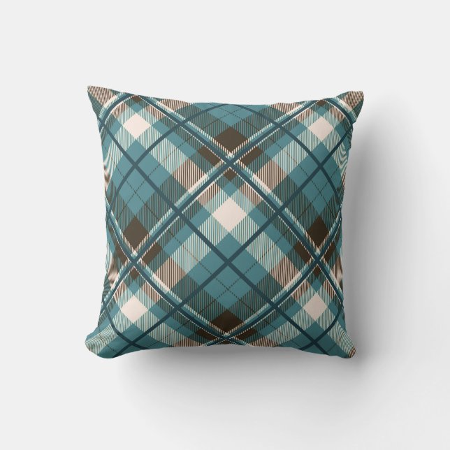 Teal Blue Brown Plaid Cushion (Front)