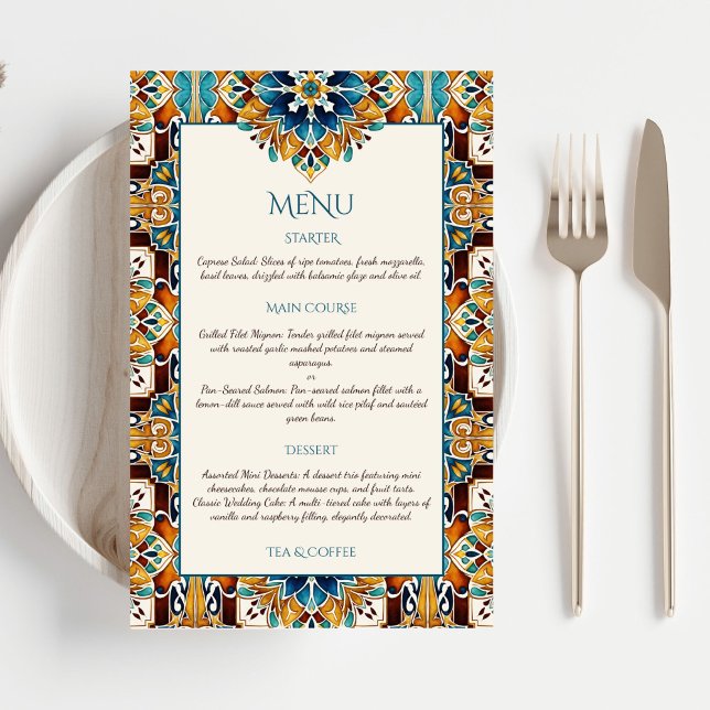 Teal Blue brown vintage talavera menu cards (Teal Blue brown vintage talavera Mexican Spanish wedding menu cards template personalized decor)