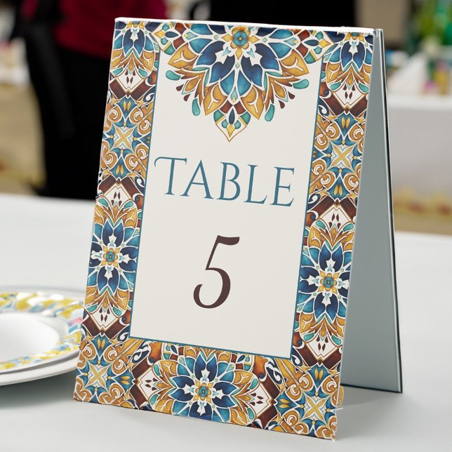 Teal Blue brown vintage talavera wedding (Teal Blue brown vintage talavera Mexican wedding Table numbers Tent Sign wedding table signs)