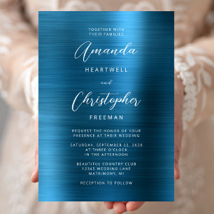 Teal Blue Brushed Metal Script Wedding Invitation
