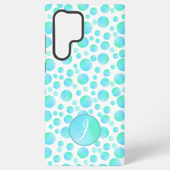 Teal Blue Bubbles Summer Modern Custom Monogram  Samsung Galaxy S22 Ultra Case (Back)