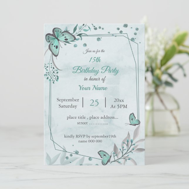 teal blue butterflies leaves floral birthday party invitation (Standing Front)