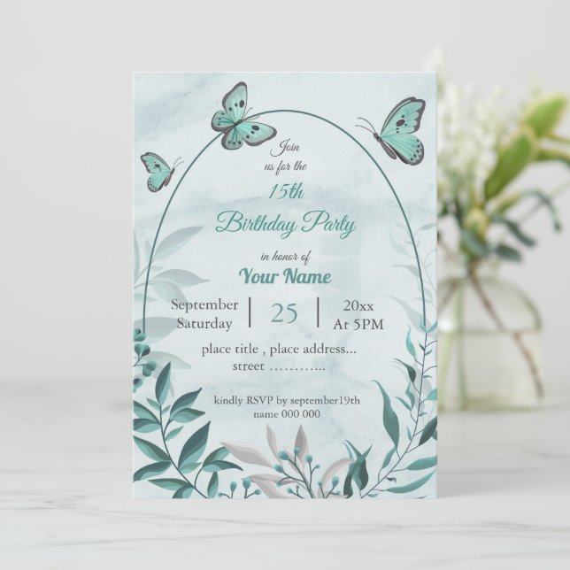 teal blue butterflies leaves floral birthday party invitation (Standing Front)