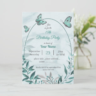 teal blue butterflies leaves floral birthday party invitation
