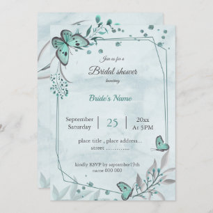 teal blue butterflies leaves floral bridal shower invitation