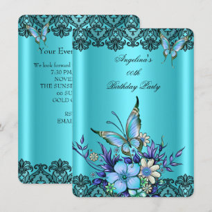 Teal Blue Butterfly Floral Black Lace Birthday Invitation