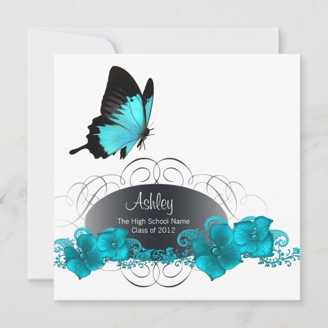 Teal Blue Butterfly Graduation Announcements (Front)