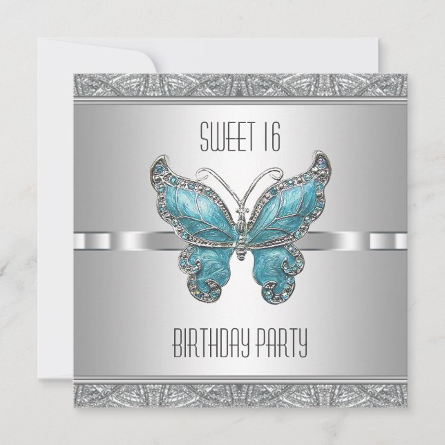 Teal Blue Butterfly Sweet 16 Birthday Party Invitation (Front)