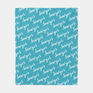 Teal Blue Calligraphy Personalised Repeat Name Fleece Blanket