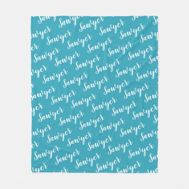 Teal Blue Calligraphy Personalised Repeat Name Fleece Blanket (Front)