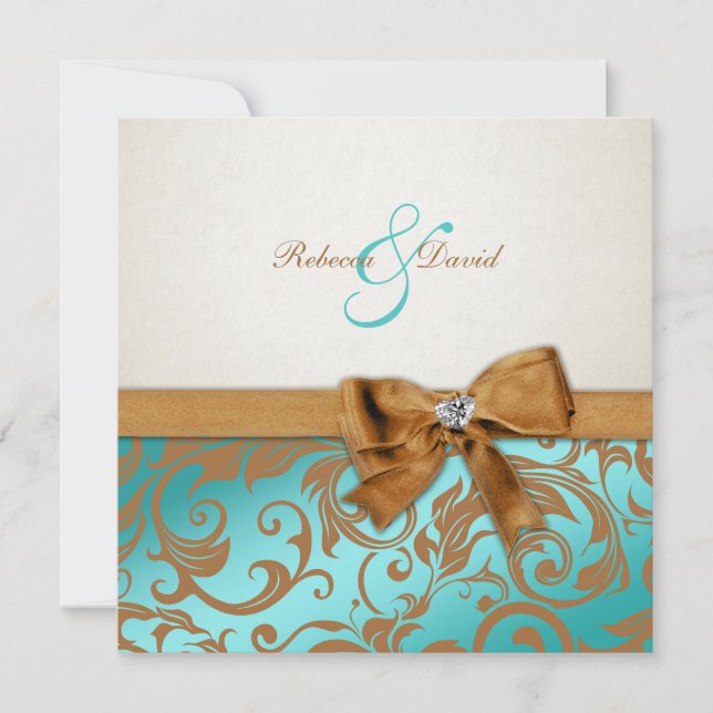Teal Blue & Caramel Damask with diamond bow Invitation (Front)