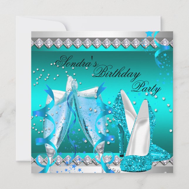 Teal Blue Champagne Glitter Shoes Birthday Party Invitation (Front)