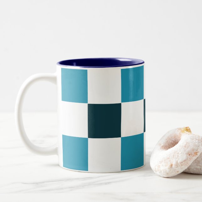 Teal Blue Checkerboard Two-Tone Coffee Mug (With Donut)