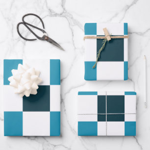 Teal Blue Checkerboard Wrapping Paper Sheet