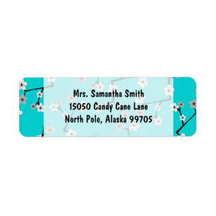 Teal Blue Cherry Blossom Print Return Address Label
