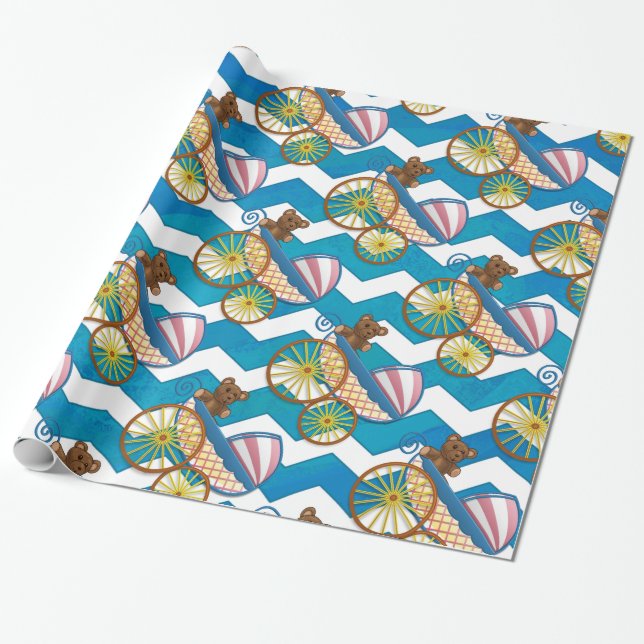 Teal Blue Chevron Baby Carriage Pattern Wrapping Paper (Unrolled)