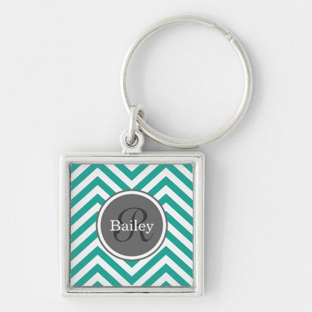 Teal Blue Chevron Monogram Key Ring (Front)