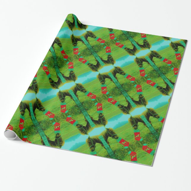 teal Blue :Christmas Horse with christmas stocking Wrapping Paper (Unrolled)