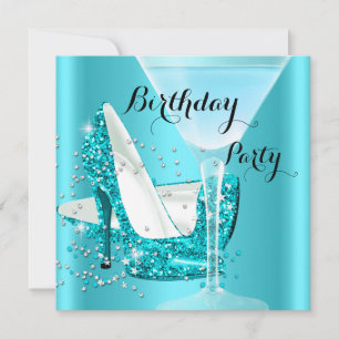 Teal Blue Cocktail High Heels Birthday Party 2 Invitation