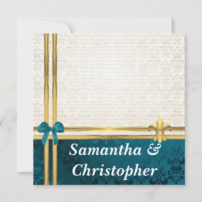 Teal blue  & cream damask  & gold ribbon wedding invitation (Front)