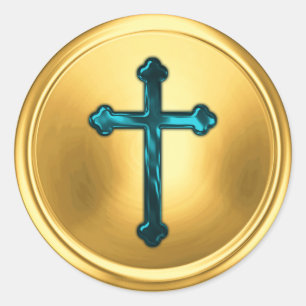 Teal Blue Cross on Gold Envelope Seal Sticker