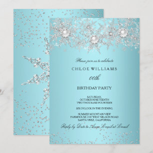 Teal Blue Crystal Pearl Snowflake Silver Winter Invitation