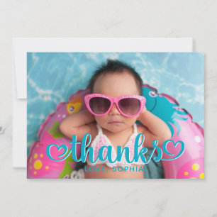 Teal Blue Cute Hearts Thanks Photo Thank You Card