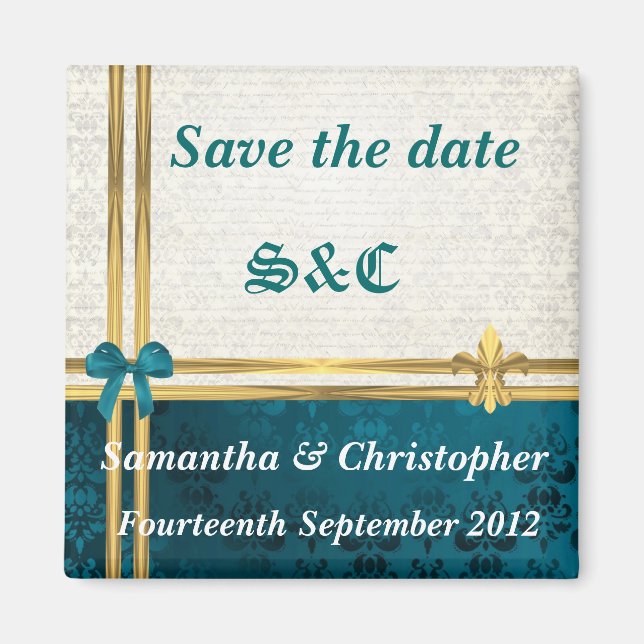 teal blue damask and gold ribbon save the date magnet (Front)
