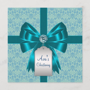 Teal Blue Damask Baby Baptism Christening Invitation