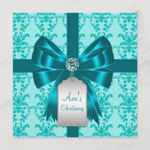 Teal Blue Damask Baby Baptism Christening Invitation