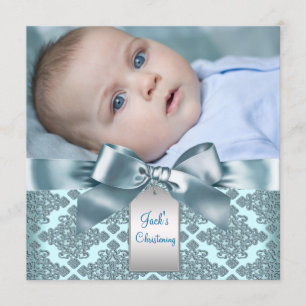 Teal Blue Damask Baby Boy Photo Christening Invitation