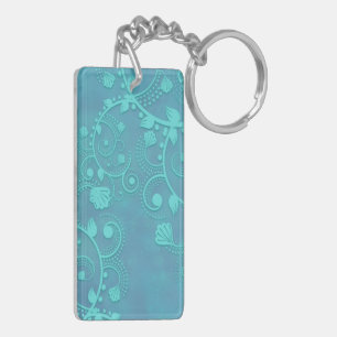 Teal Blue Damask Floral Design Key Ring
