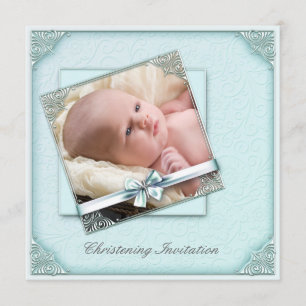 Teal Blue Damask Girl Photo Christening Invitation