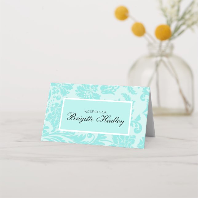 Teal blue damask pattern place card (Front)