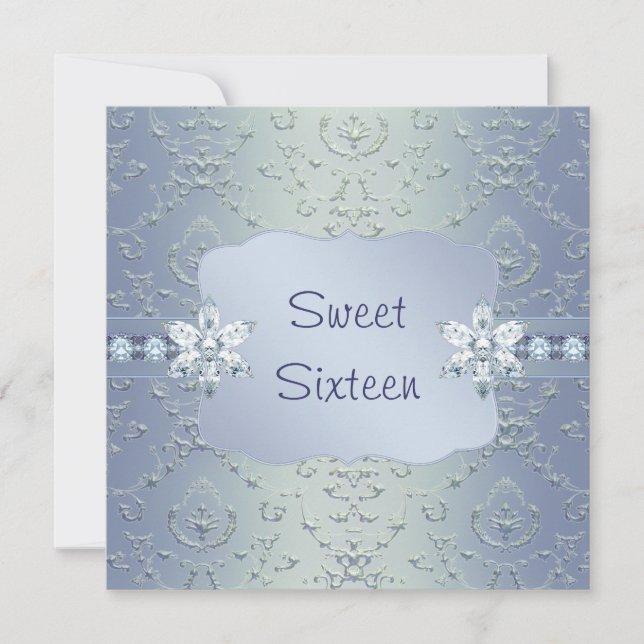 Teal Blue Damask Shimmer Sweet Sixteen Invitation (Front)