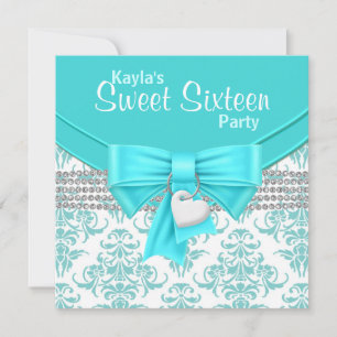 Teal Blue Damask Sweet 16 Party Invitation