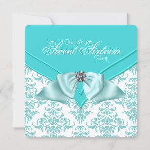 Teal Blue Damask Sweet 16 Party Invitation