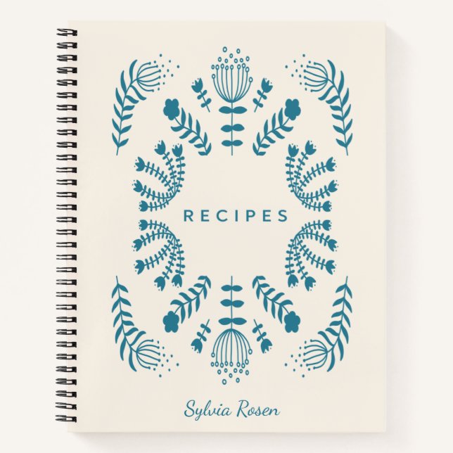 Teal Blue Danish Folk Flowers Personalised Recipe Notebook (Front)