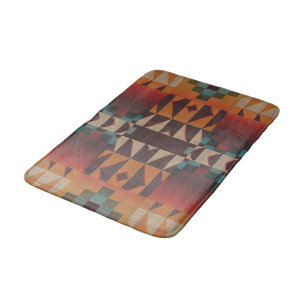 Teal Blue Dark Red Beige Brown Orange Tribal Art Bath Mat