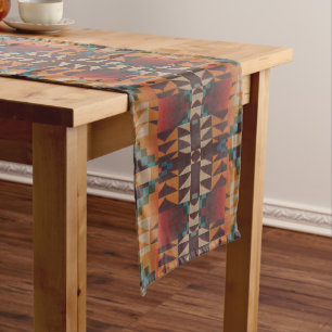 Teal Blue Dark Red Beige Brown Orange Tribal Art Long Table Runner