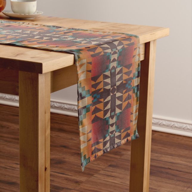Teal Blue Dark Red Beige Brown Orange Tribal Art Long Table Runner (In Situ)