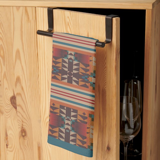 Teal Blue Dark Red Beige Brown Orange Tribal Art Tea Towel (Thirds Fold)
