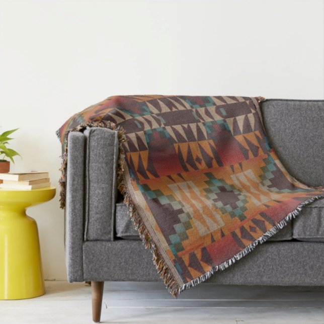 Teal Blue Dark Red Beige Brown Orange Tribal Art Throw Blanket (Creator Uploaded)