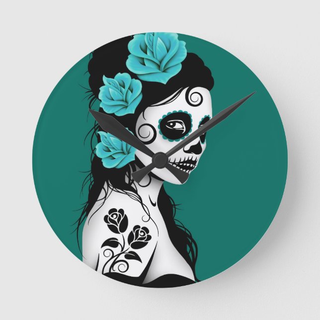Teal Blue Day of the Dead Sugar Skull Girl Round Clock (Front)