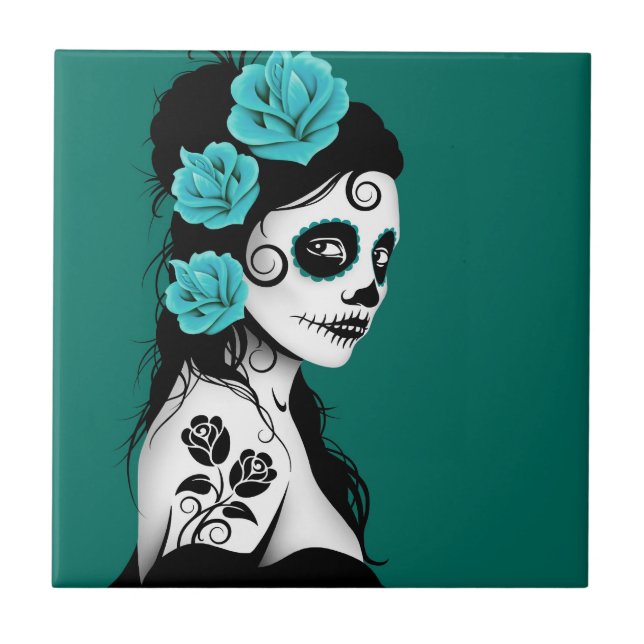Teal Blue Day of the Dead Sugar Skull Girl Tile (Front)