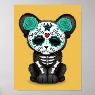 Teal Blue Day of the Dead Sugar Skull Panther Cub Poster